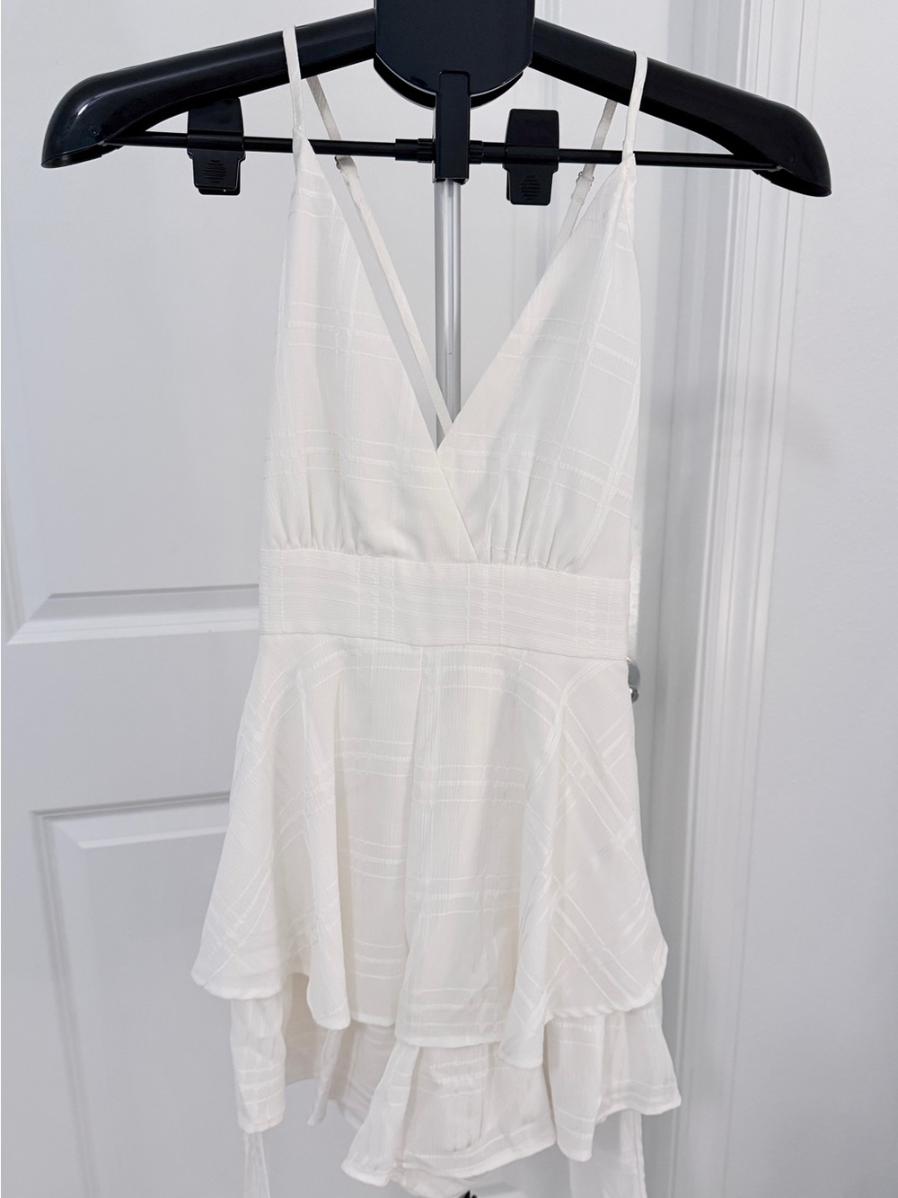White V-Neck Tiered Mini Romper Dress with Spaghetti Straps